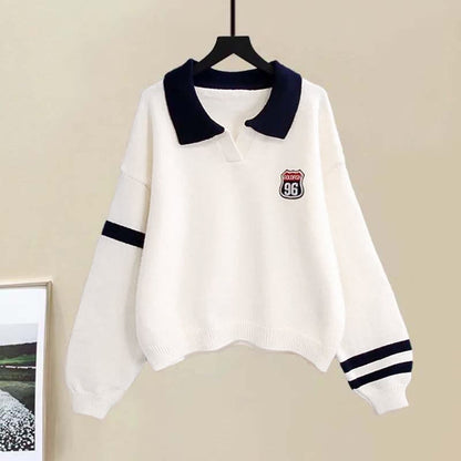 Lapel Pants Stripe Two Sweater Casual Chic Pieces