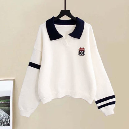 Lapel Pants Stripe Two Sweater Casual Chic Pieces