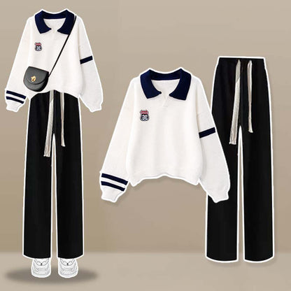 Lapel Pants Stripe Two Sweater Casual Chic Pieces