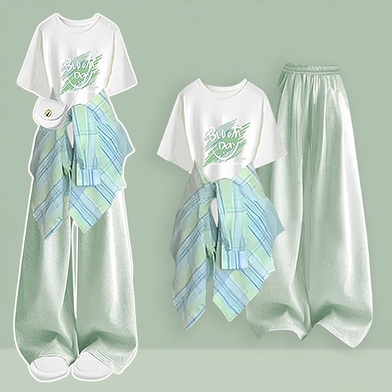 Pieces Print Three Letter Plaid Pantskirt Wide Shirt Leg T-shirt Set