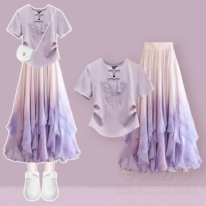 Skirt Butterfly Two Pieces Buckle Vintage Flounce Set Gradient T-shirt