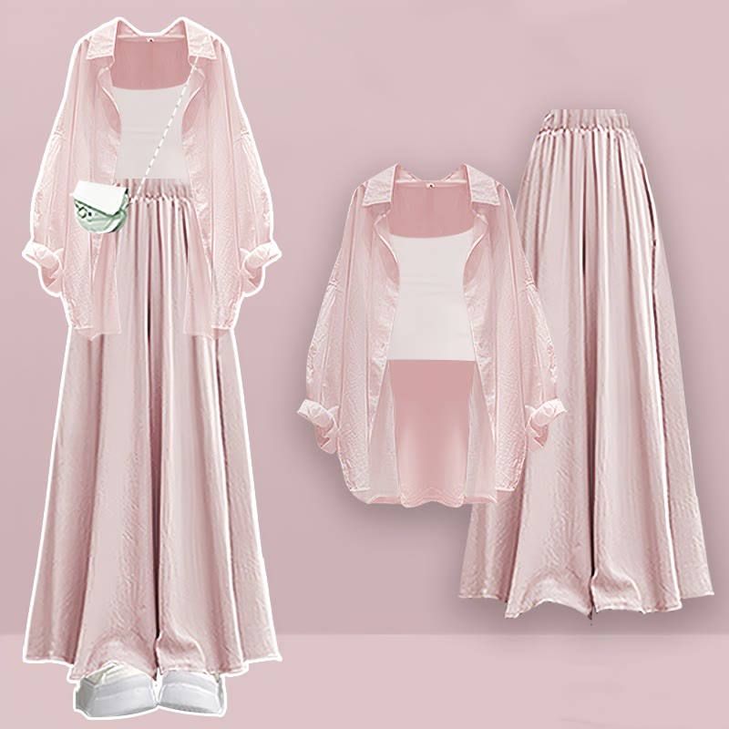 Pure Wide Top Pieces Cardigan Set Pantskirt Three Color Leg Crop