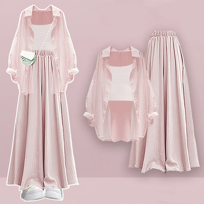 Pure Wide Top Pieces Cardigan Set Pantskirt Three Color Leg Crop