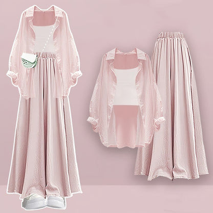 Pure Wide Top Pieces Cardigan Set Pantskirt Three Color Leg Crop