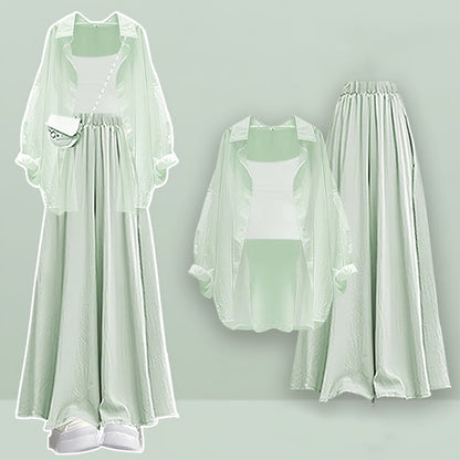 Pure Wide Top Pieces Cardigan Set Pantskirt Three Color Leg Crop