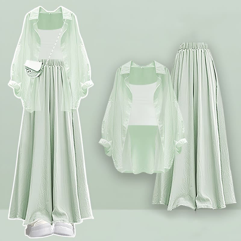 Pure Wide Top Pieces Cardigan Set Pantskirt Three Color Leg Crop