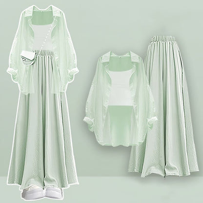 Pure Wide Top Pieces Cardigan Set Pantskirt Three Color Leg Crop