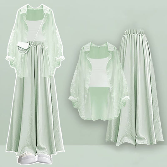 Pure Wide Top Pieces Cardigan Set Pantskirt Three Color Leg Crop