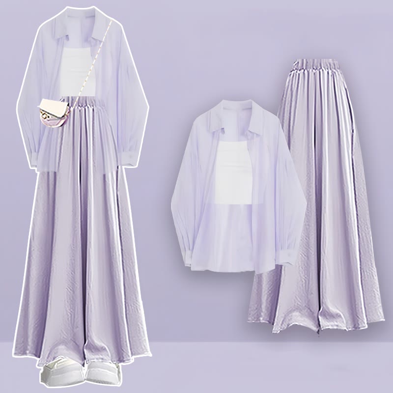 Pure Wide Top Pieces Cardigan Set Pantskirt Three Color Leg Crop