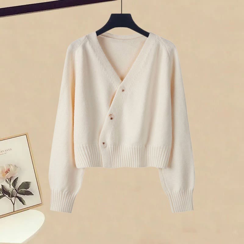 Two Set V-neck Pants Leg Cardigan Wide Knit Pieces