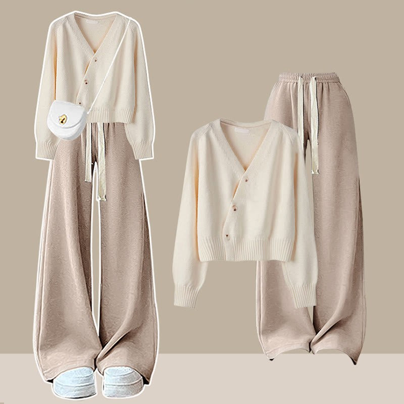 Two Set V-neck Pants Leg Cardigan Wide Knit Pieces