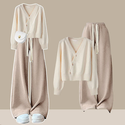 Two Set V-neck Pants Leg Cardigan Wide Knit Pieces