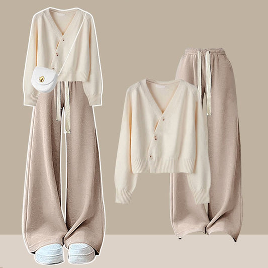 Two Set V-neck Pants Leg Cardigan Wide Knit Pieces