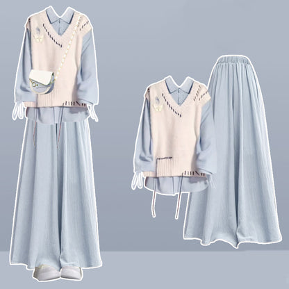 Three Pantskirt Knit Set Pieces Wide Vest Leg Shirt