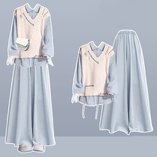 Three Pantskirt Knit Set Pieces Wide Vest Leg Shirt