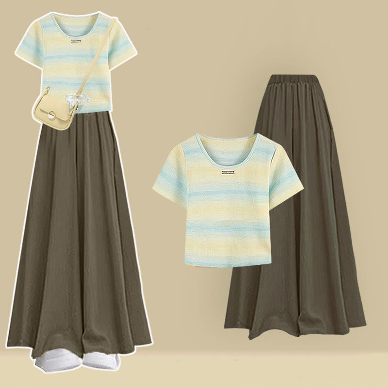 Stripe Leg Wide T-shirt Pantskirt Pieces Set Two