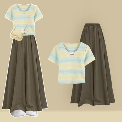 Stripe Leg Wide T-shirt Pantskirt Pieces Set Two
