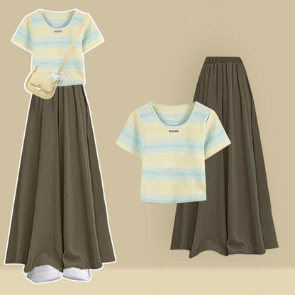 Stripe Leg Wide T-shirt Pantskirt Pieces Set Two