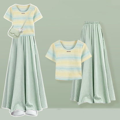 Stripe Leg Wide T-shirt Pantskirt Pieces Set Two