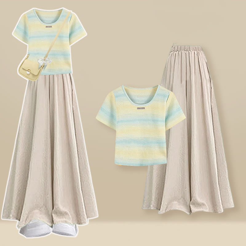 Stripe Leg Wide T-shirt Pantskirt Pieces Set Two