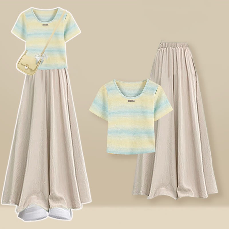 Stripe Leg Wide T-shirt Pantskirt Pieces Set Two