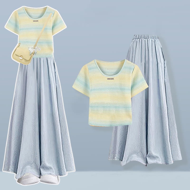 Stripe Leg Wide T-shirt Pantskirt Pieces Set Two
