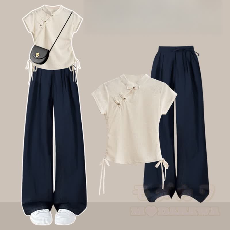 Vintage Two Pants Buckle Pieces Leg Set Wide Top