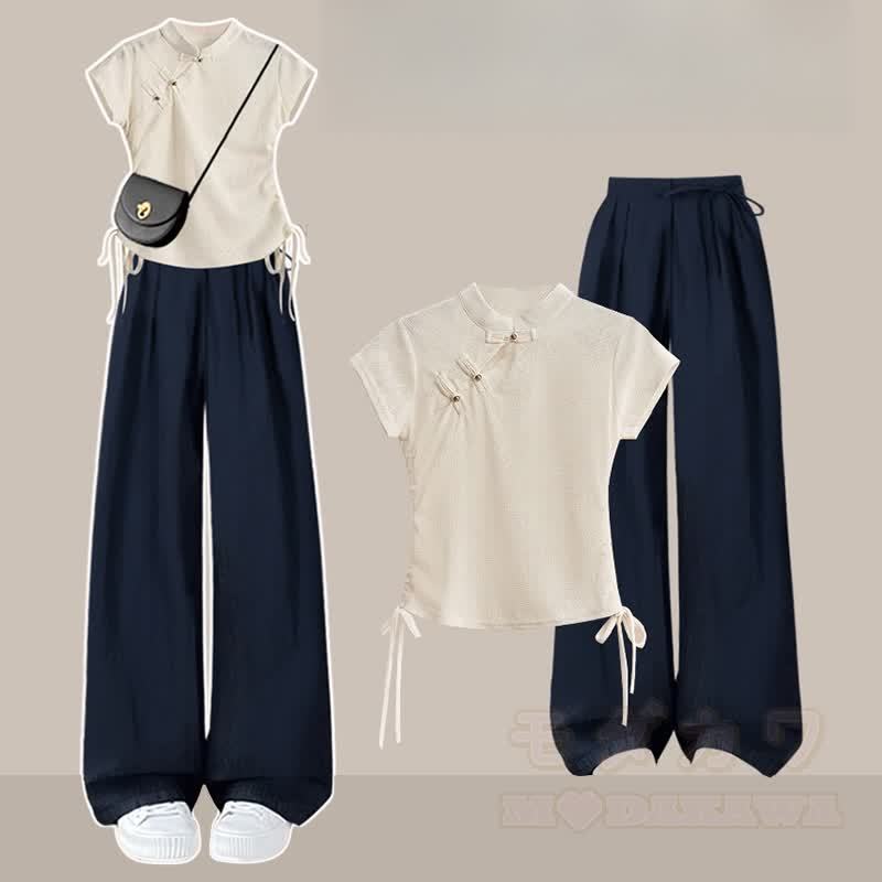 Vintage Two Pants Buckle Pieces Leg Set Wide Top