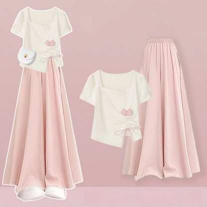Pantskirt T-shirt Drawstring Two Wide Pieces Flower Leg Set