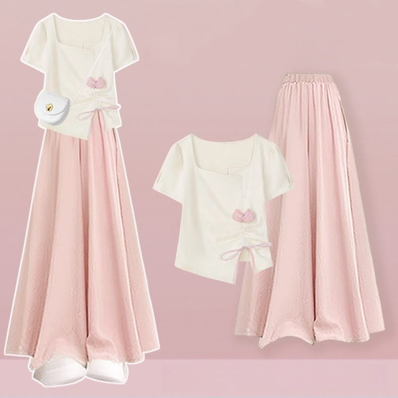 Pantskirt T-shirt Drawstring Two Wide Pieces Flower Leg Set