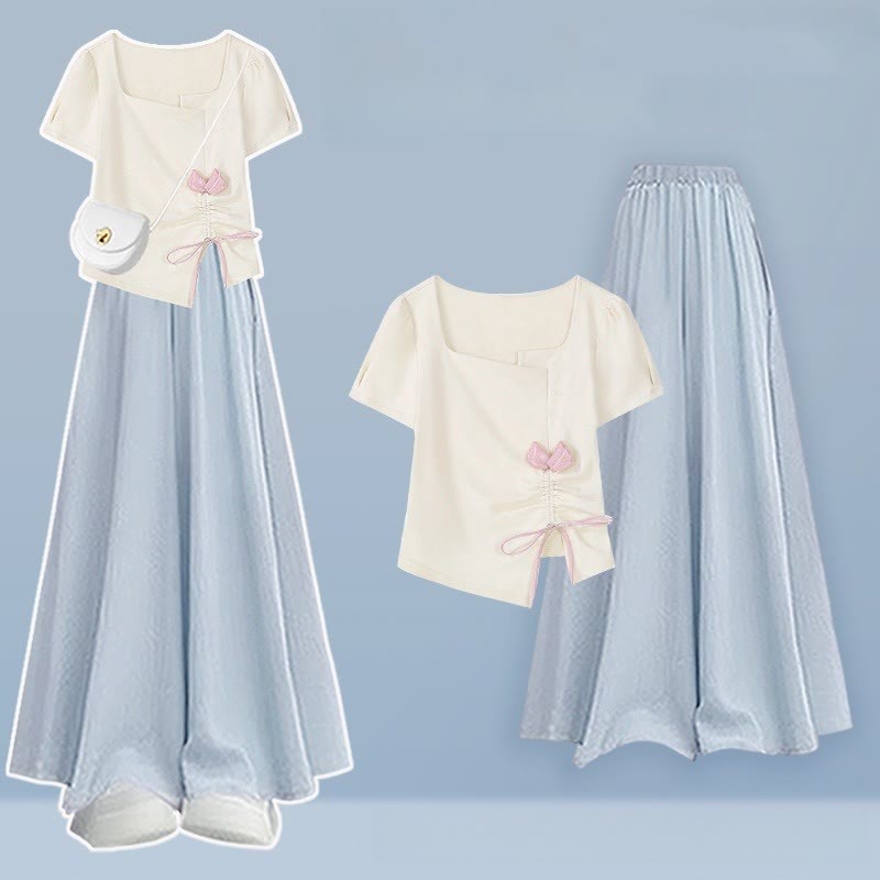 Pantskirt T-shirt Drawstring Two Wide Pieces Flower Leg Set