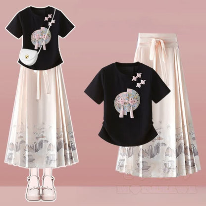 Skirt T-shirt Pieces Set Tassels Buckle Horse-face Two Vintage