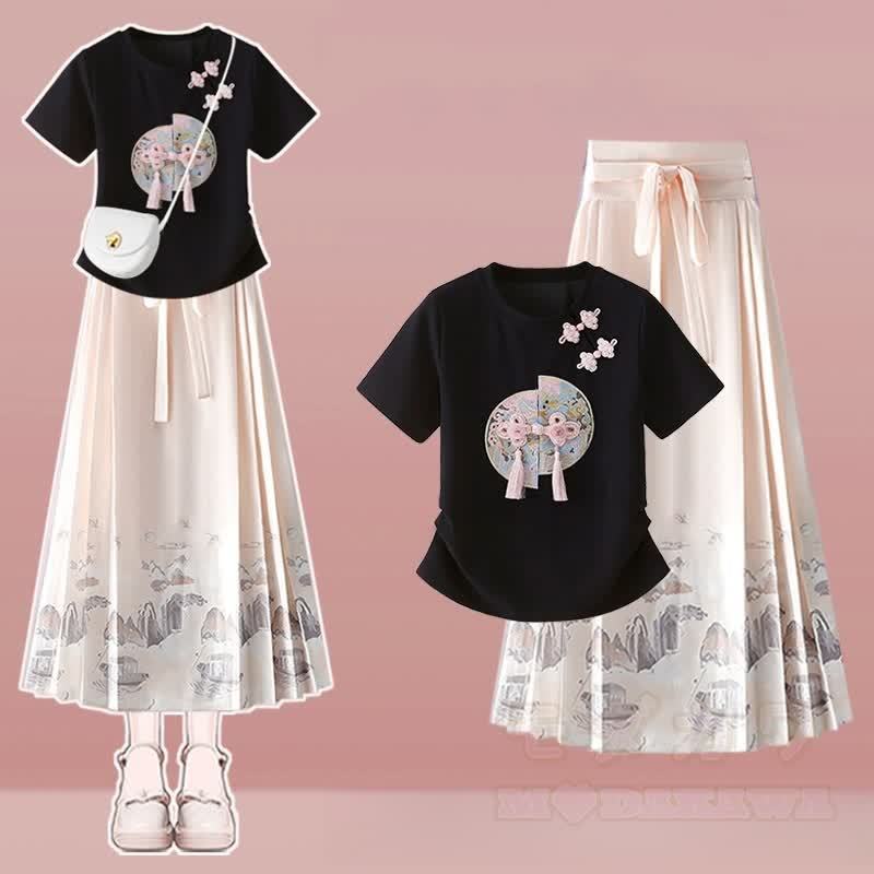 Skirt T-shirt Pieces Set Tassels Buckle Horse-face Two Vintage