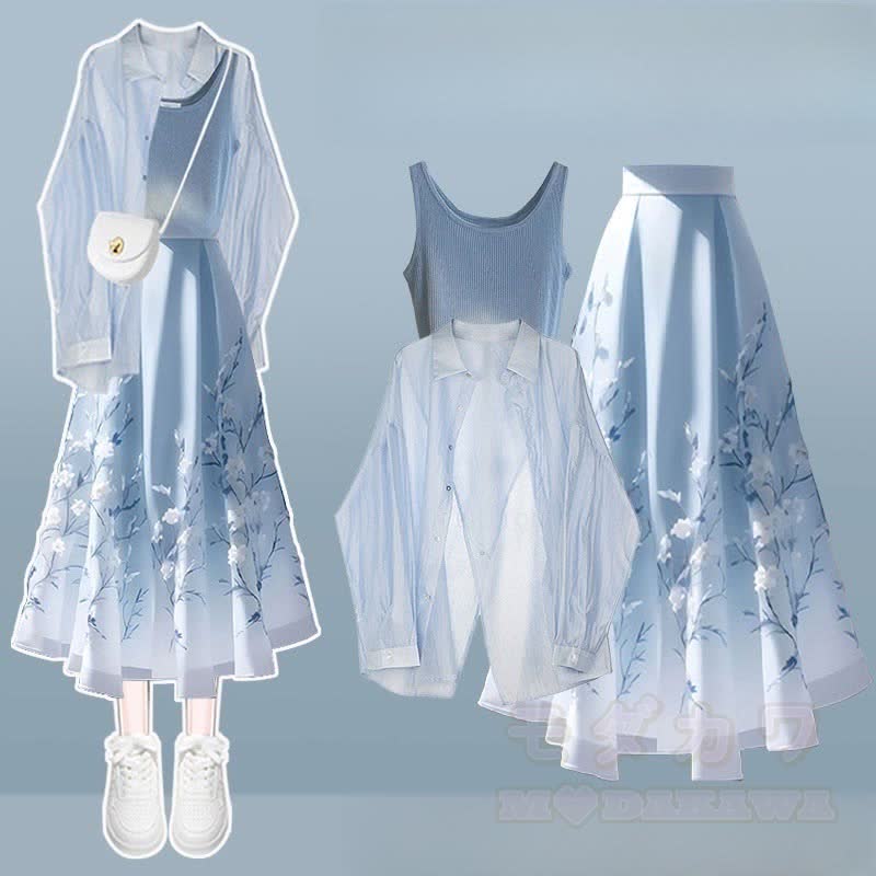 Shirt Horse-face Three Skirt Set Pieces Crop Irregular Top Flower