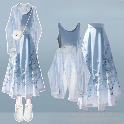 Shirt Horse-face Three Skirt Set Pieces Crop Irregular Top Flower