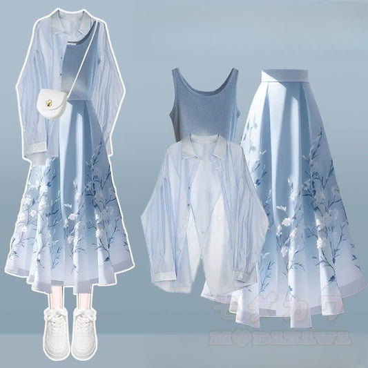 Shirt Horse-face Three Skirt Set Pieces Crop Irregular Top Flower