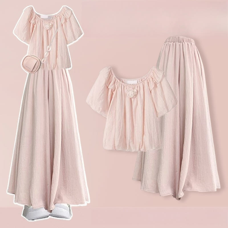 Pieces 3D Leg Set Flower Two Wide Pantskirt Blouse