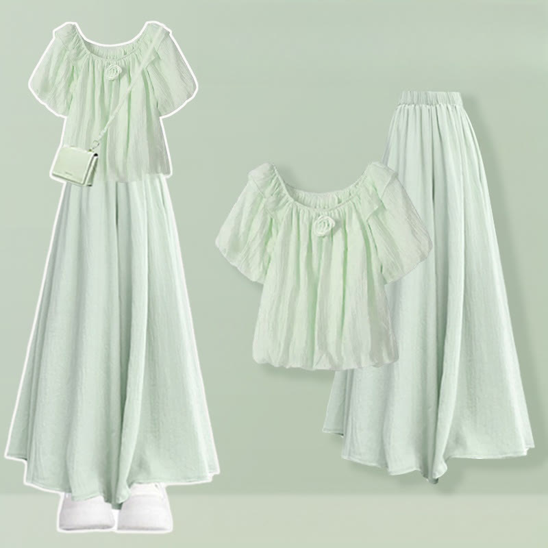 Pieces 3D Leg Set Flower Two Wide Pantskirt Blouse