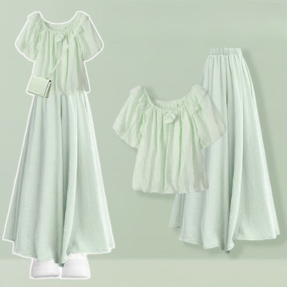 Pieces 3D Leg Set Flower Two Wide Pantskirt Blouse