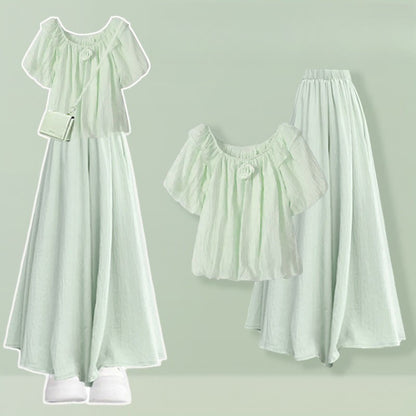 Pieces 3D Leg Set Flower Two Wide Pantskirt Blouse