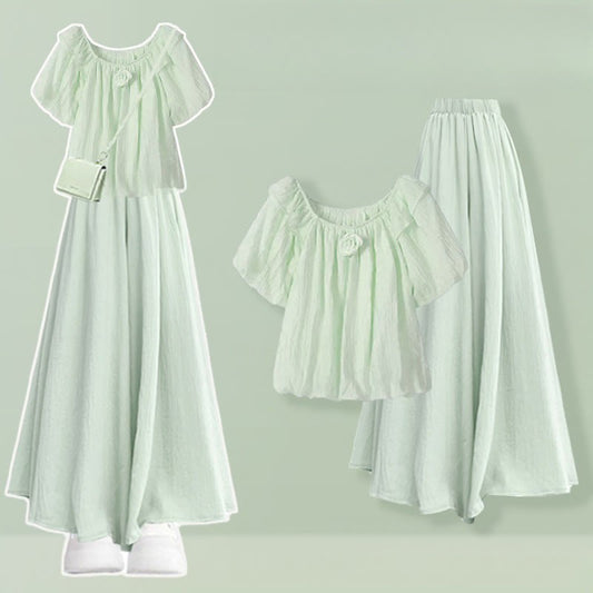 Pieces 3D Leg Set Flower Two Wide Pantskirt Blouse