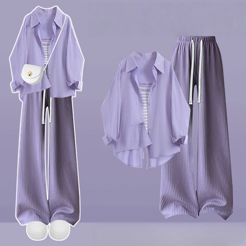 Set Pieces Three Pants Crop Loose Top Shirt Stripe