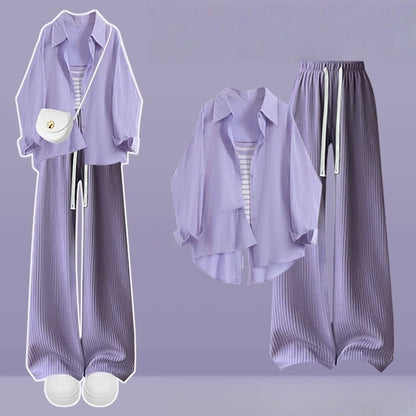 Set Pieces Three Pants Crop Loose Top Shirt Stripe