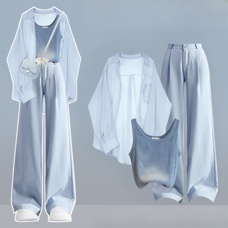Three Crop Pieces Loose Top Pants Shirt Set