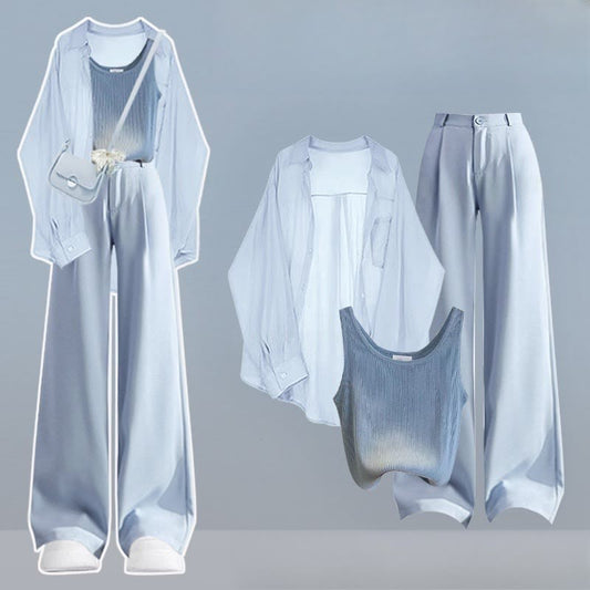 Three Crop Pieces Loose Top Pants Shirt Set