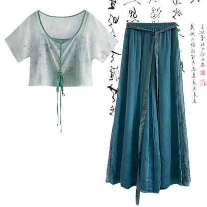 Cami Top Cardigan Wide Lace-up Vintage Leg Pants