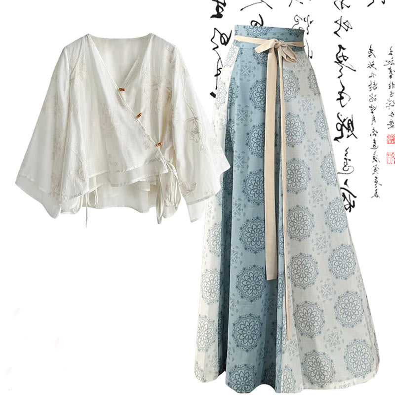 High Vintage Waist V-neck Shirt Lace-up Skirt