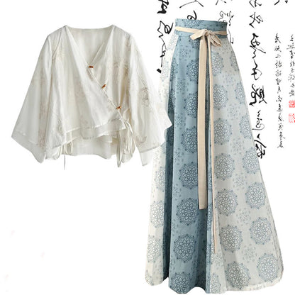 High Vintage Waist V-neck Shirt Lace-up Skirt