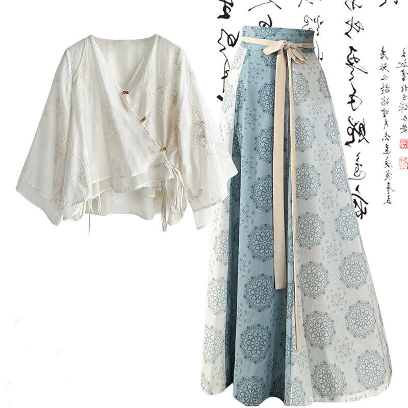 High Vintage Waist V-neck Shirt Lace-up Skirt