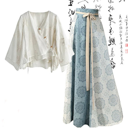 High Vintage Waist V-neck Shirt Lace-up Skirt